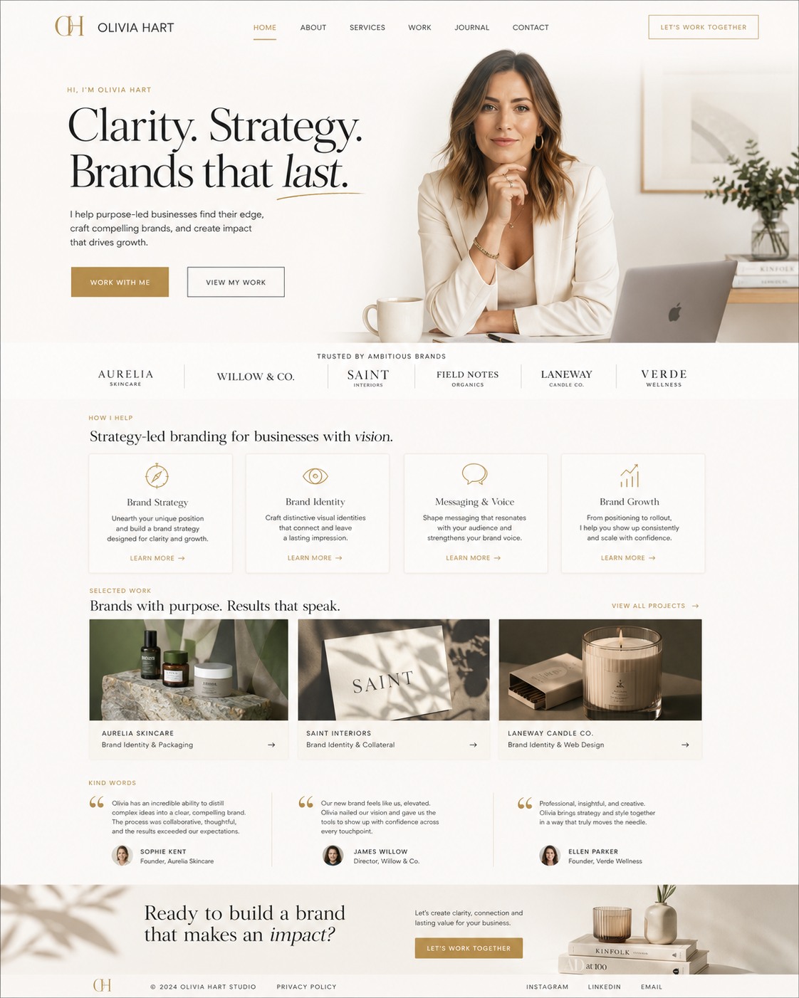 Olivia Hart brand strategist website preview with warm editorial hero and selected brand work.
