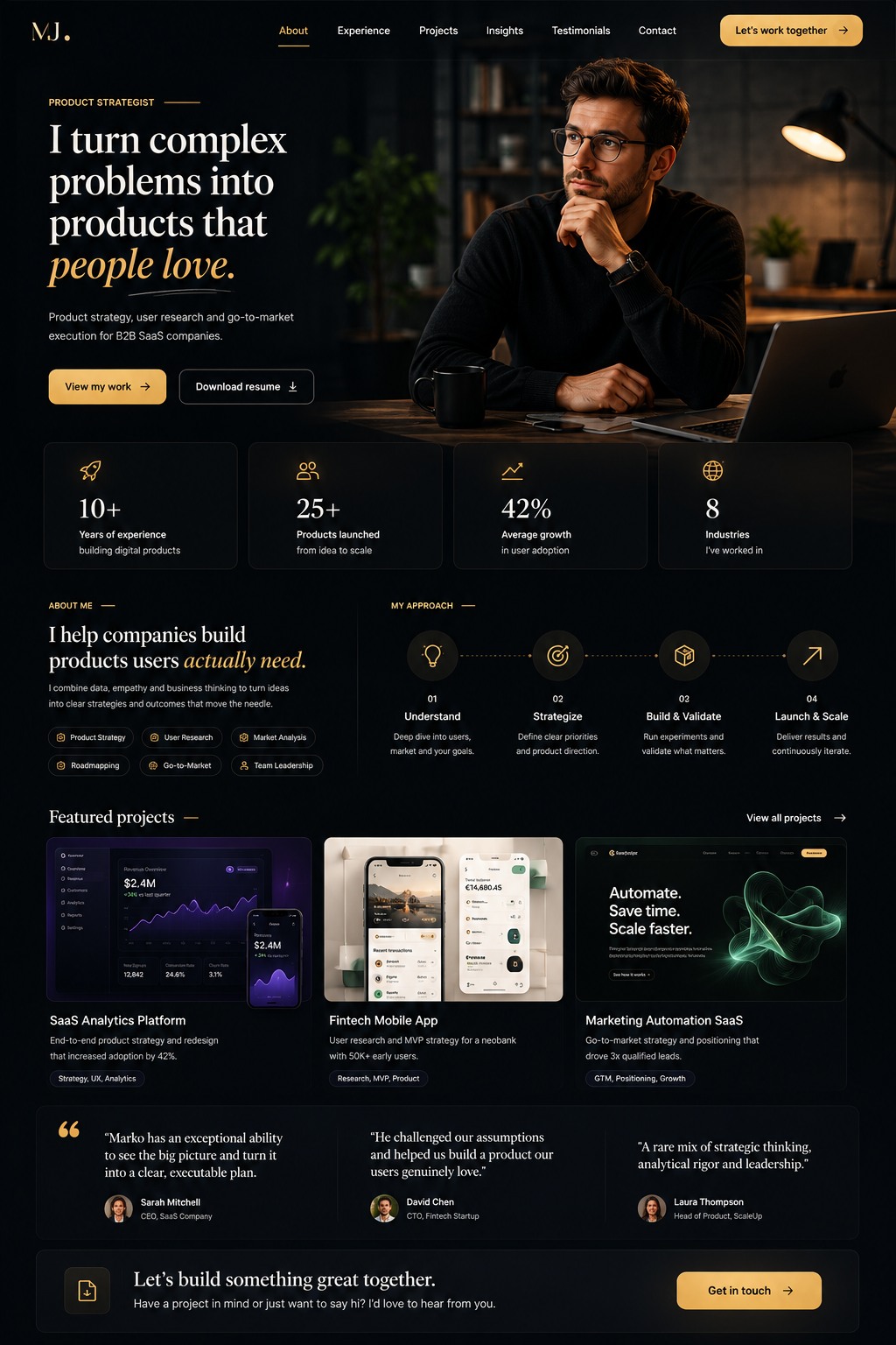 MJ product strategist website preview with dark cinematic hero, metrics, and featured product projects.