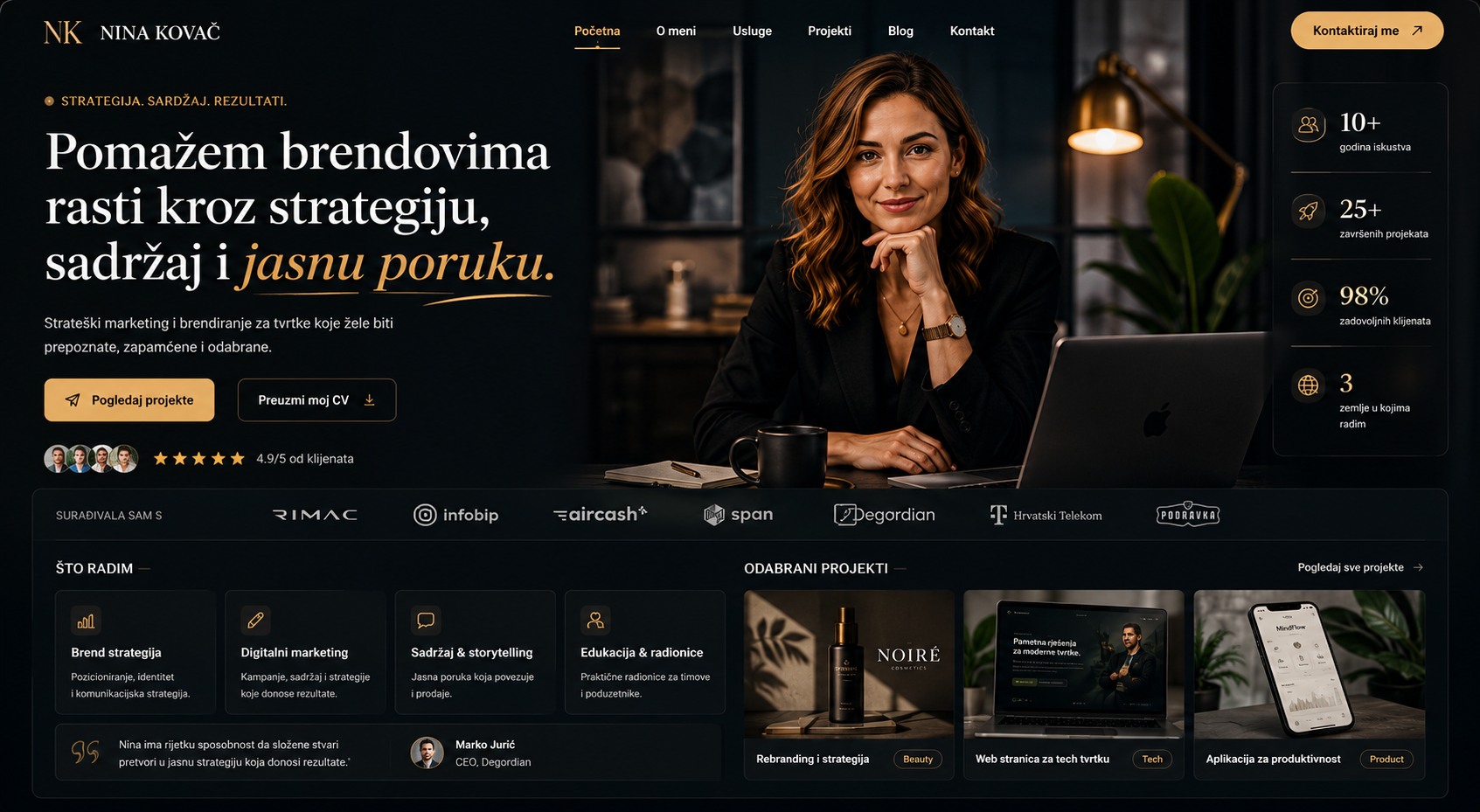 Pregled websitea Nine Kovač za brand strategiju s tamnim hero dijelom, rezultatima i izdvojenim projektima.